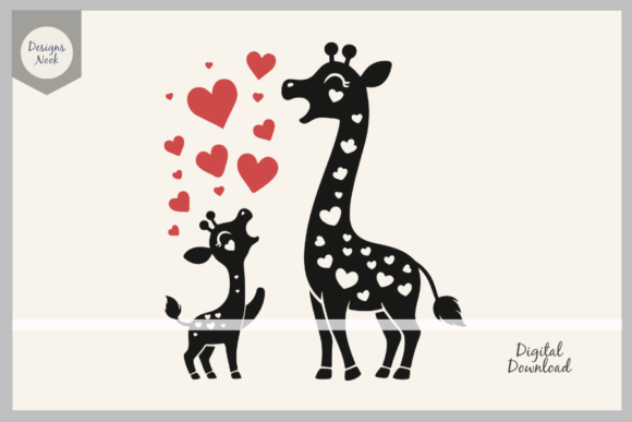 Mom and Baby Giraffe with Hearts SVG PNG Graphics for Crafts